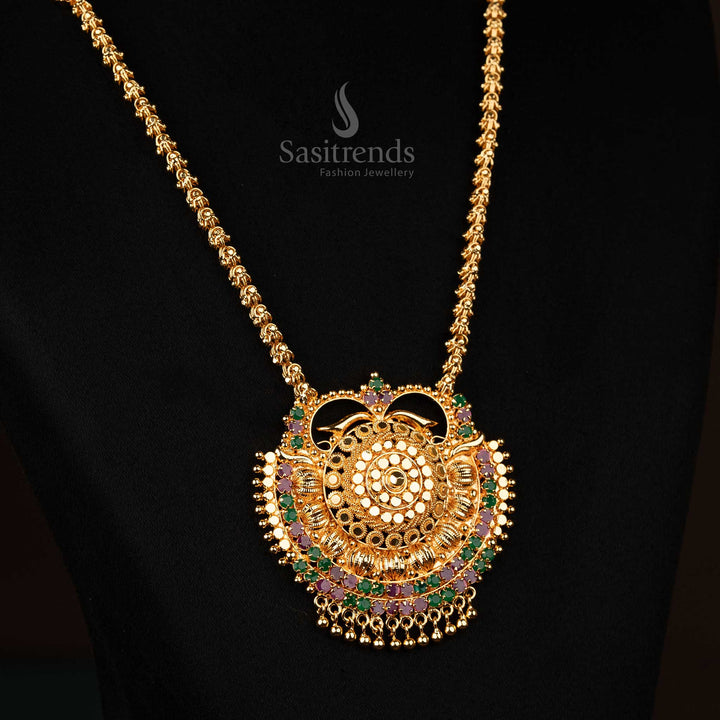 Dasavatharam pendant chain necklace in Ruby-Green Stones, a classic micro gold-plated masterpiece - Sasitrends