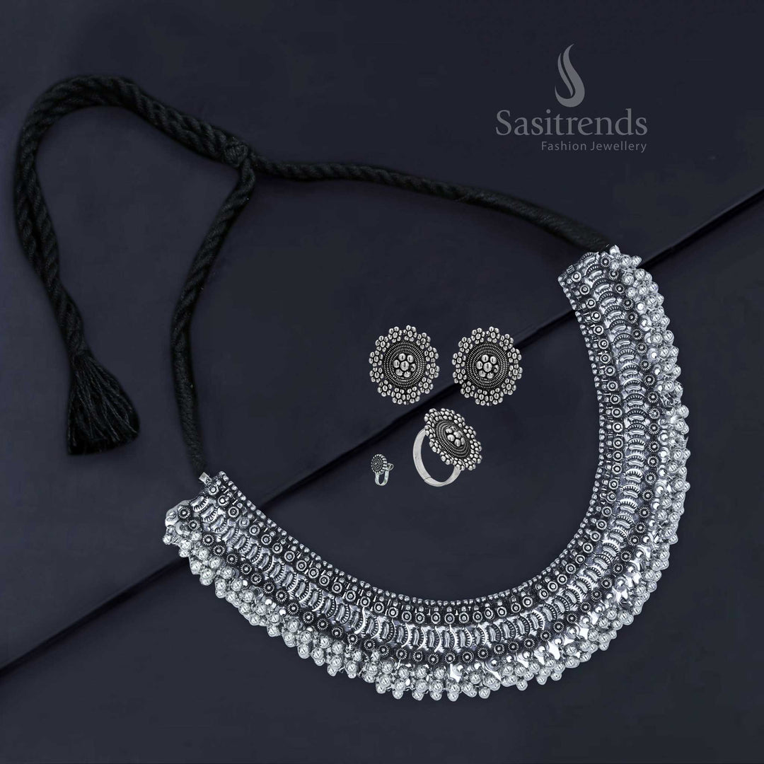 Mystic Maaya oxidised silver antique combo featuring a rounded choker, peacock design earrings, heritage nosepin, and vintage-style ring – Sasitrends