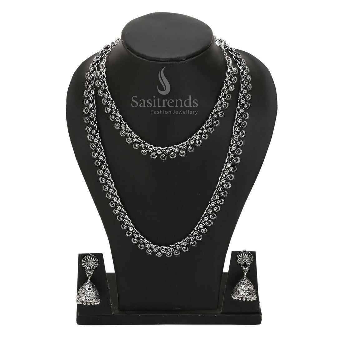 Majestic oxidised silver dual-layered necklace combo set featuring divine temple motifs and heavy jhumka earrings for festive ethnic styling – Sasitrends