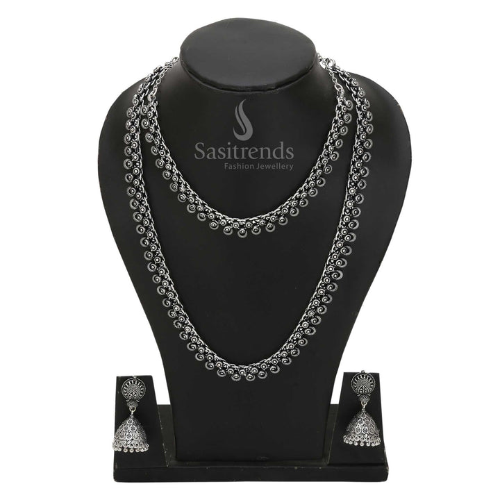 Majestic oxidised silver dual-layered necklace combo set featuring divine temple motifs and heavy jhumka earrings for festive ethnic styling – Sasitrends