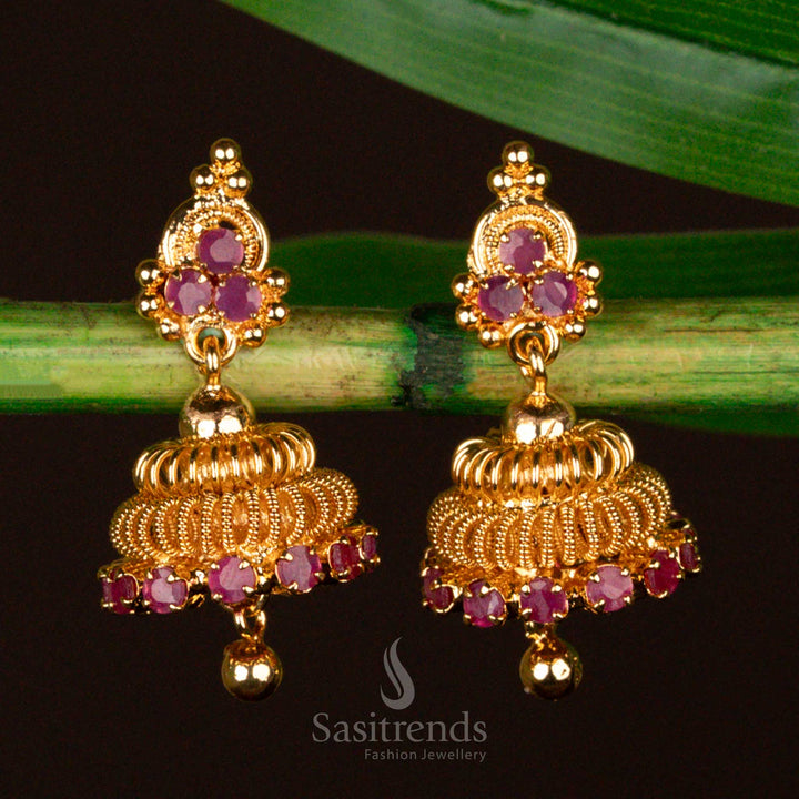 Amazing Micro Gold Plated Layered Coil Jhumka Earrings with AD Stones & Hanging Bead – Look Like Real Gold - Sasitrends