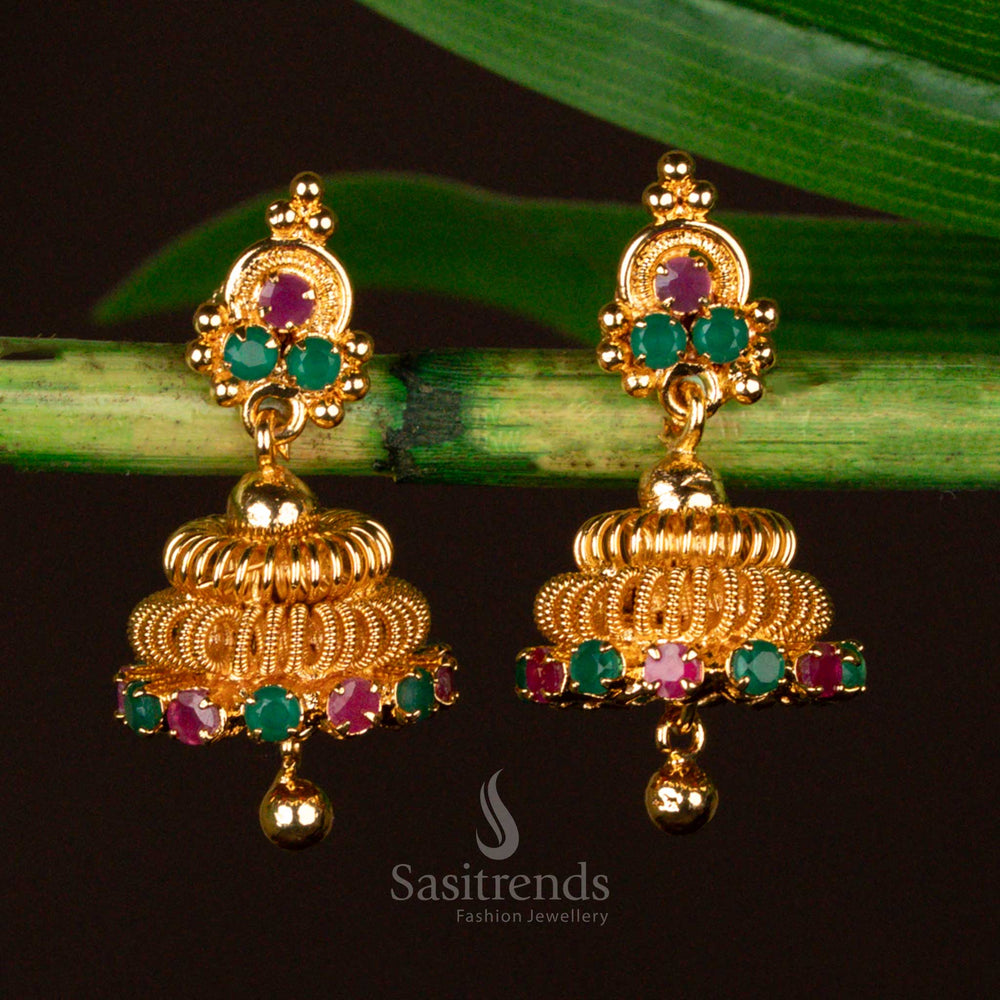 24 Carat Pure Gold Plated Jhumkas with Floral AD Stone Stud & Dangling Bead - Sasitrends