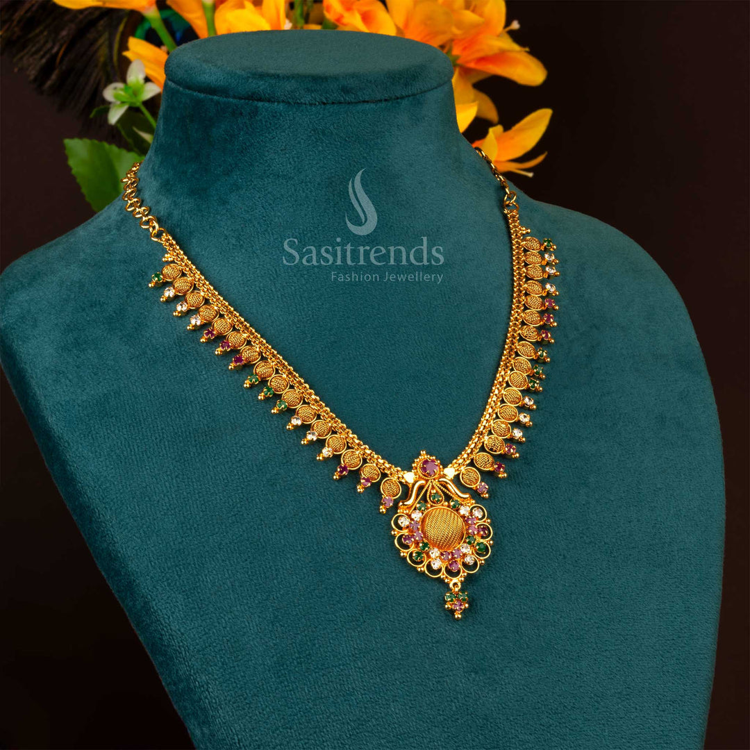 Vibrant multi-colour one gram micro gold plated net style necklace with round American diamond stones, designed for a festive jewellery touch and grand celebrations – Sasitrends