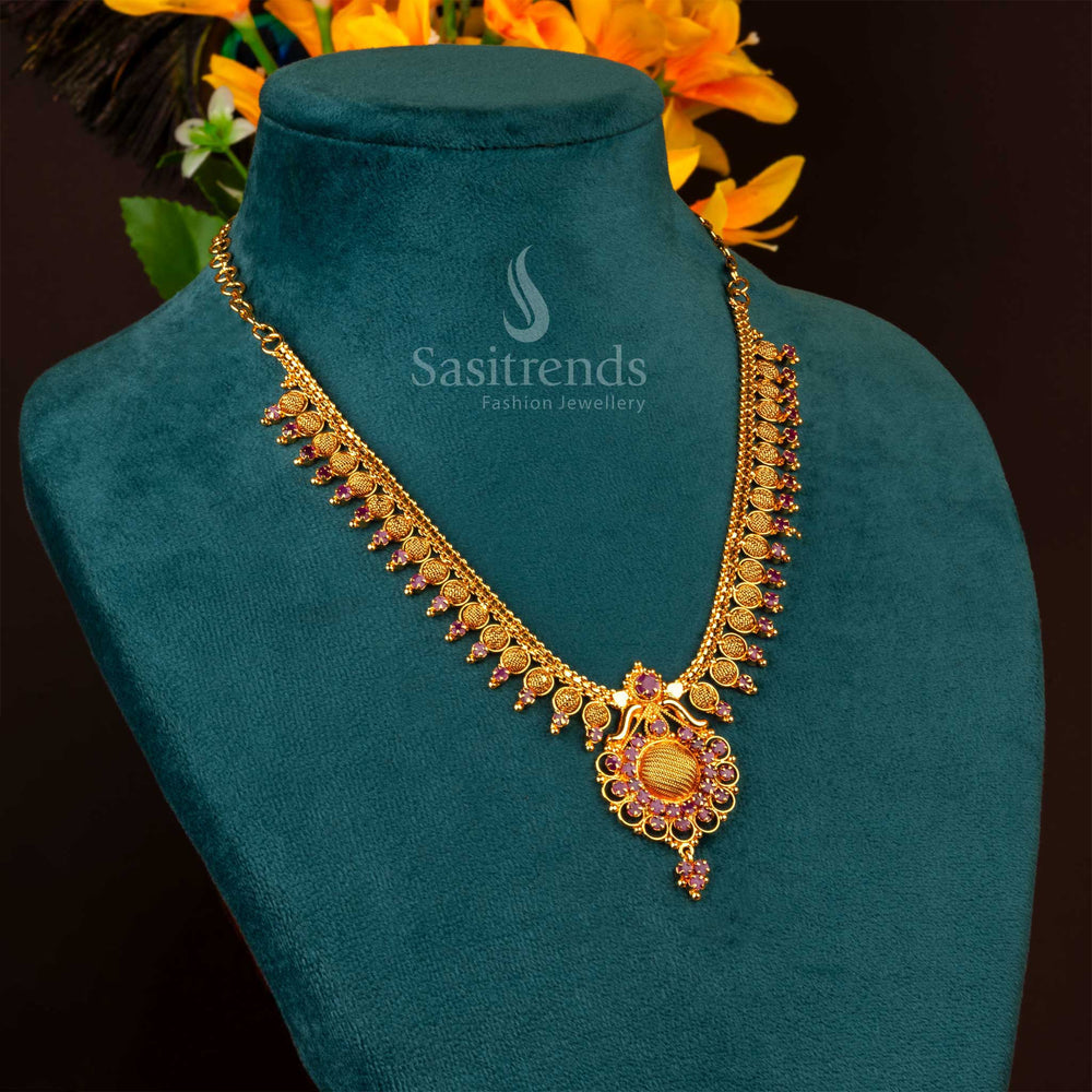 One gram micro gold plated ruby net type necklace with round American diamond stones and elegant weave pattern, perfect for traditional jewellery style and graceful dressing – Sasitrends