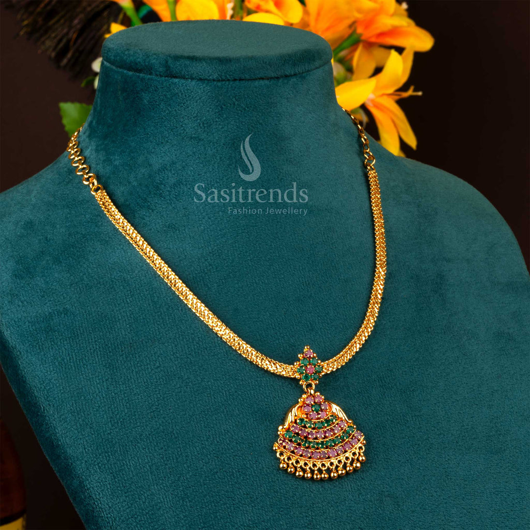 Stunning micro gold necklace in ruby-green hues with bell-like drops and floral detailing – an artistic addition to your traditional festive jewellery set – Sasitrends