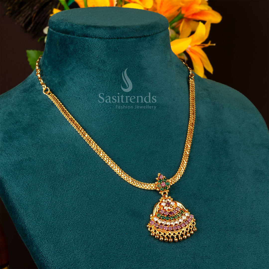 Multi-stone floral necklace with micro gold finish and antique bell dangles – designed for vibrant ethnic jewellery statements during festive gatherings – Sasitrends