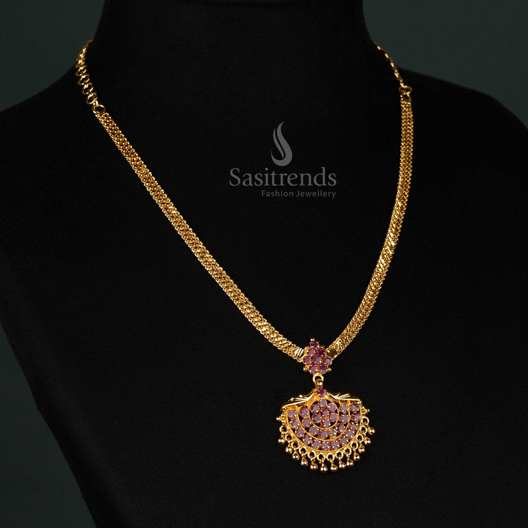 Opulent Ruby Floral Design Necklace in 24K Gold-Plated Kerala-Style with Hanging Beads for Special Celebrations - Sasitrends