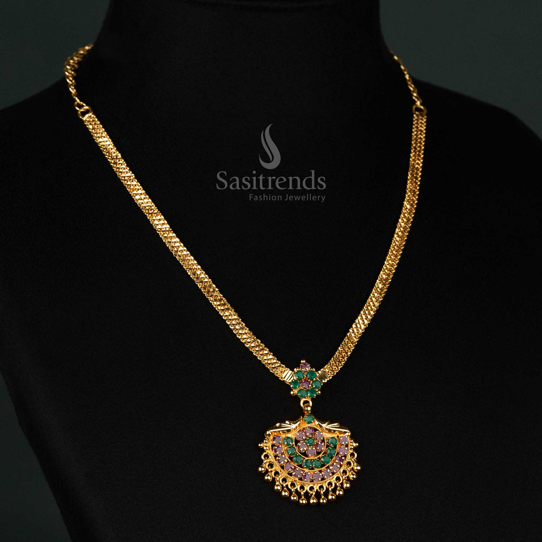 Stunning Kerala-Style Floral Necklace in 24K Gold-Plated with Ruby-Green Beads Hanging for Traditional Occasions - Sasitrends