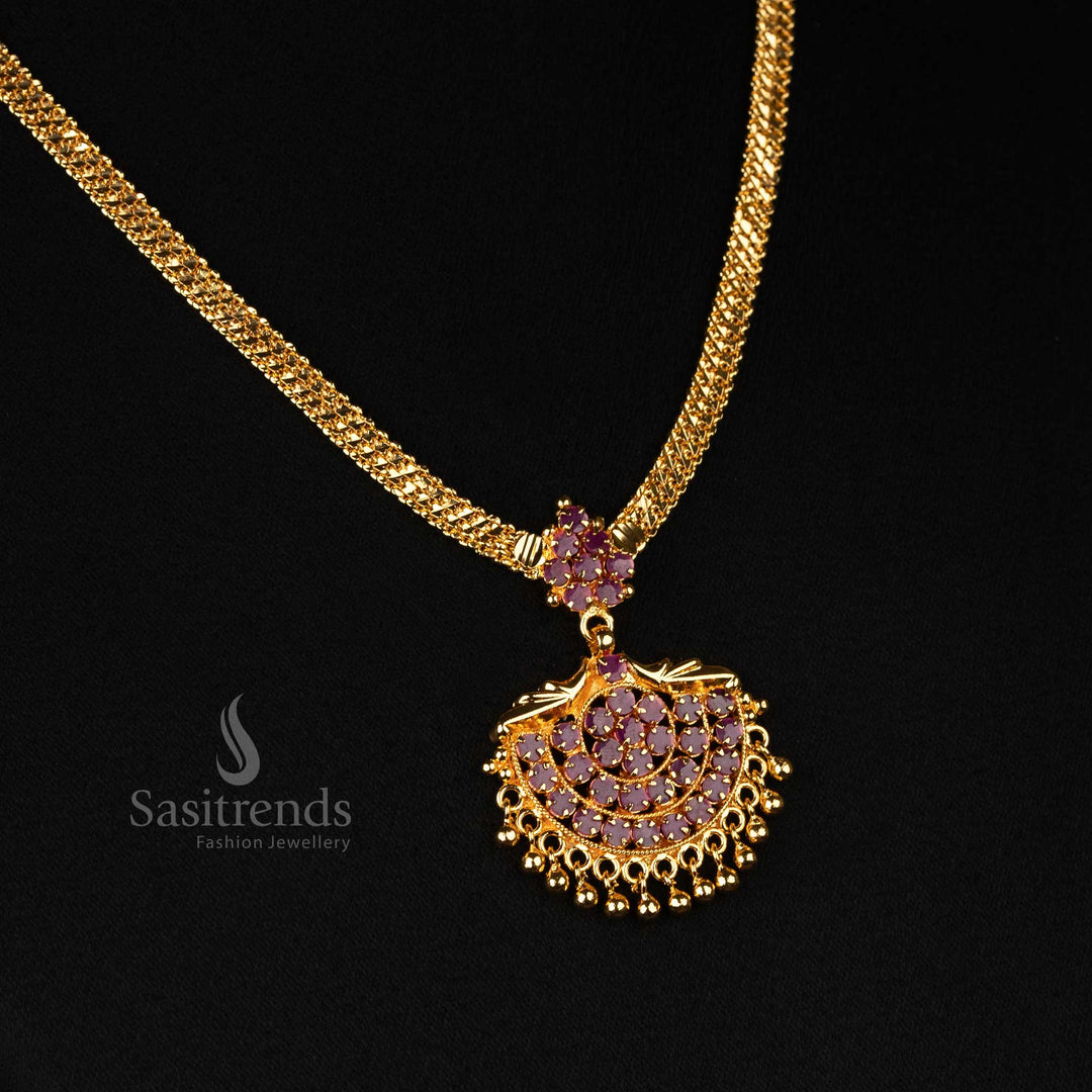 Luxurious Kerala-Style Floral Design Necklace in 24K Micro Gold-Plated with Ruby Hanging Beads for Wedding and Festive Wear - Sasitrends