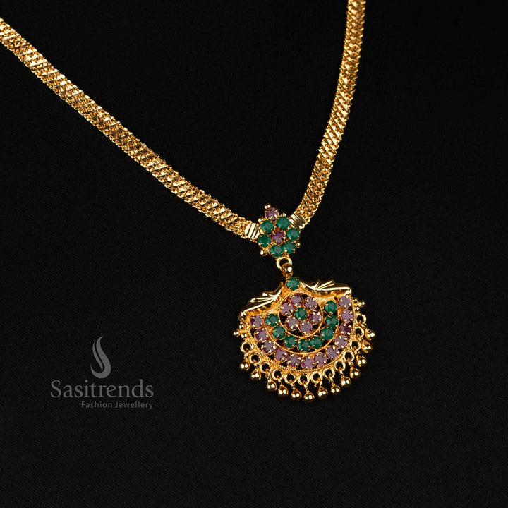 Charming 24K Gold-Plated Kerala-Style Floral Design Necklace with Ruby-Green Hanging Beads for Special Celebrations - Sasitrends