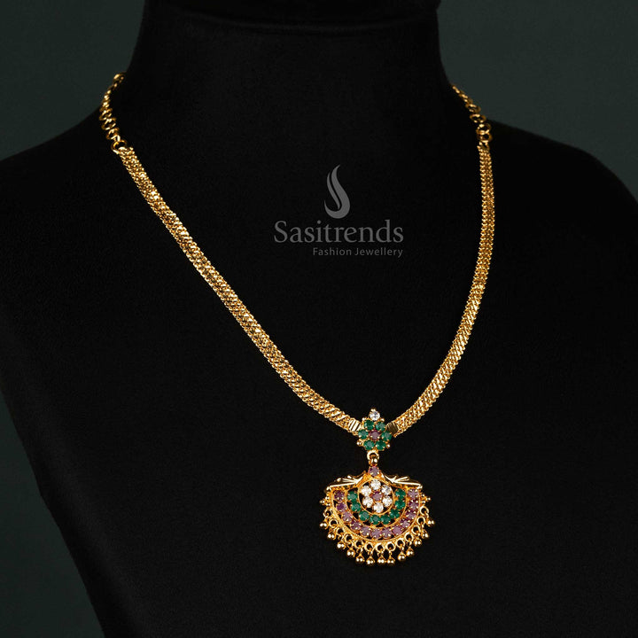 Exquisite Multi-Color Floral Design Necklace in 24K Micro Gold-Plated Kerala-Style with Hanging Beads - Sasitrends