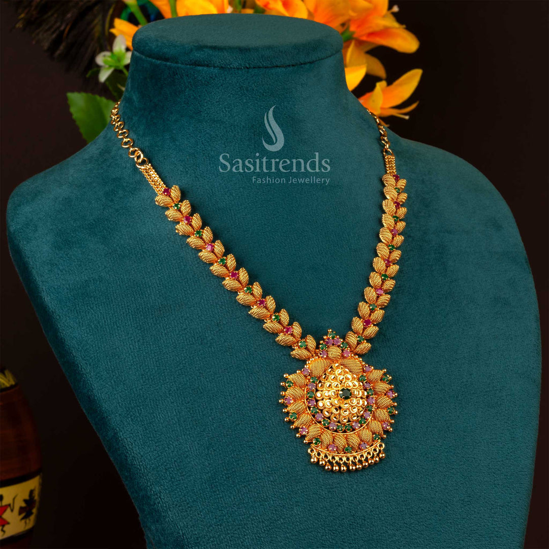 Charming ruby-green dual-tone micro gold plated leaf net design necklace studded with American Diamond stones, perfect for occasional traditional wear – Jewellery from Sasitrends