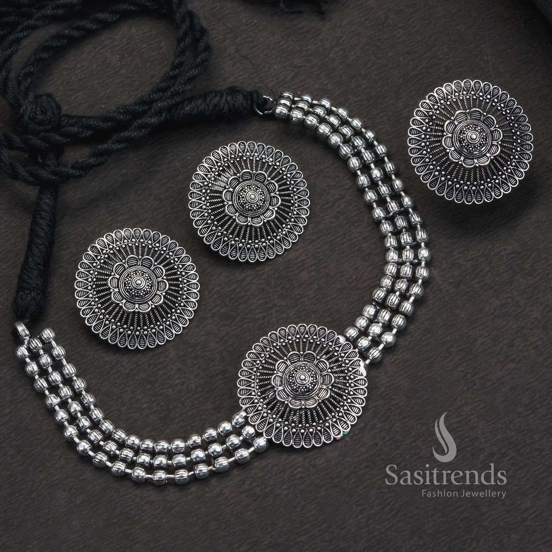 Artisan-crafted oxidised Kanta choker set for girls with matching designer jhumkas and intricate ancestral engravings for ethnic wear – Sasitrends