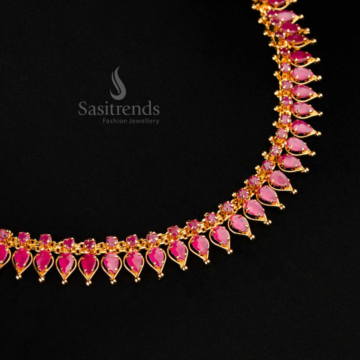 Elegant micro gold-plated ruby necklace featuring tilak design stones with American diamond sparkle, a traditional kemp jewellery set for classic ethnic grace – Sasitrends