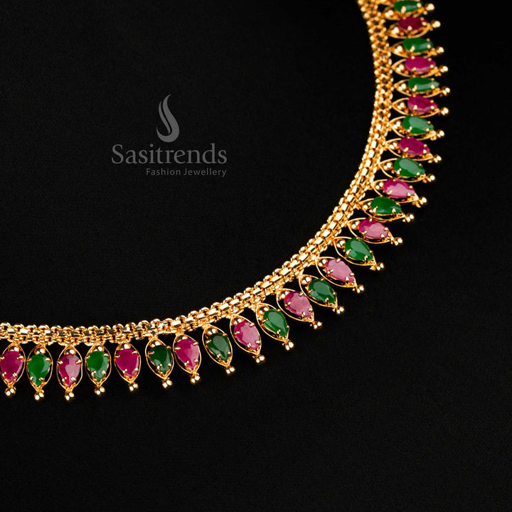 Ethnic micro gold tilak stone necklace in ruby-green combination with American diamonds and traditional South Indian flair – Sasitrends