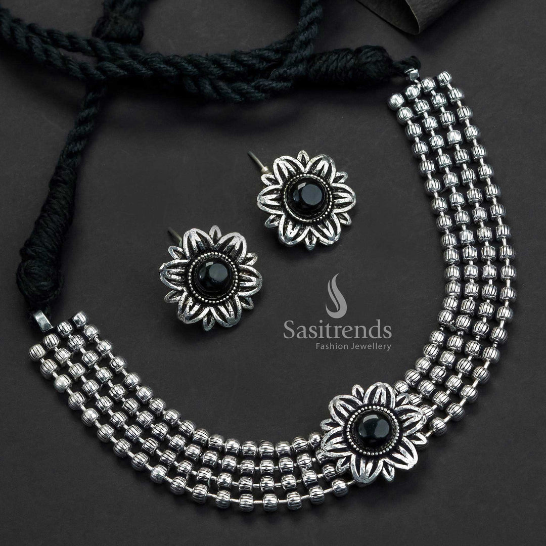 Elegant Black Oxidised Four Layer Flower Choker With Ball Chain And Stone Stud Earrings Jewellery - Sasitrends