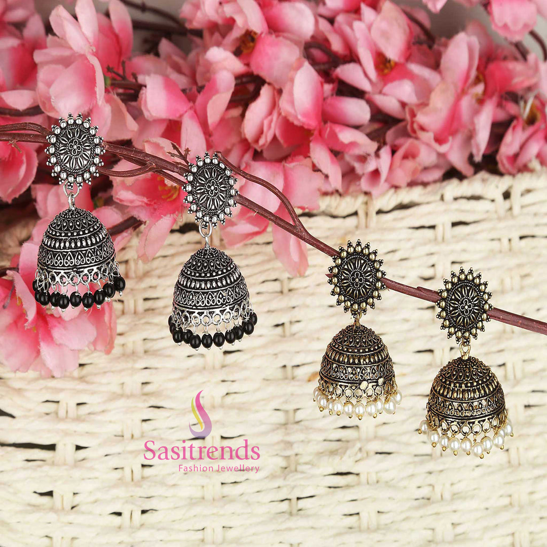 Traditional Oxidised German Silver Floral Designer Pearl Jhumka Earrings