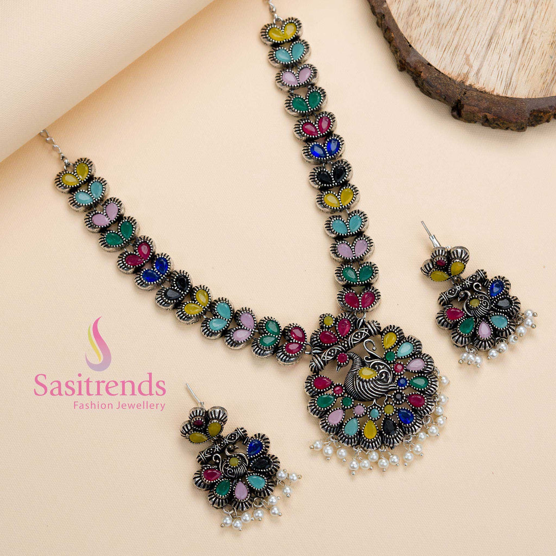 Multi-stone oxidised silver peacock pendant jewellery set with pearls, designed in vibrant ethnic celebration style with classic charm – Sasitrends