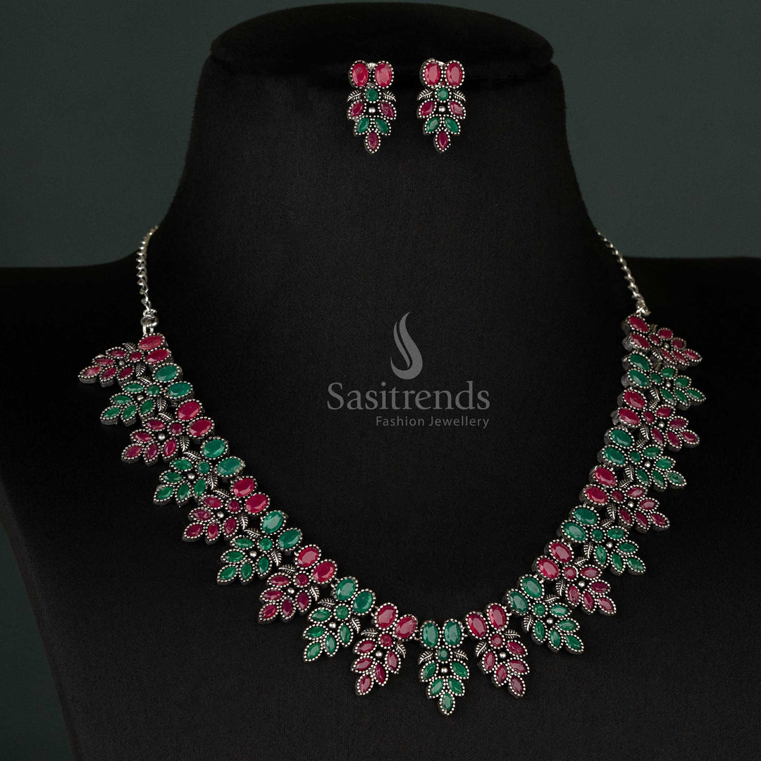 Striking Navarathri Oxidised Ruby Green Flower Necklace Jewelry Set with Matching Earrings – Traditional and Stylish - sasitrends