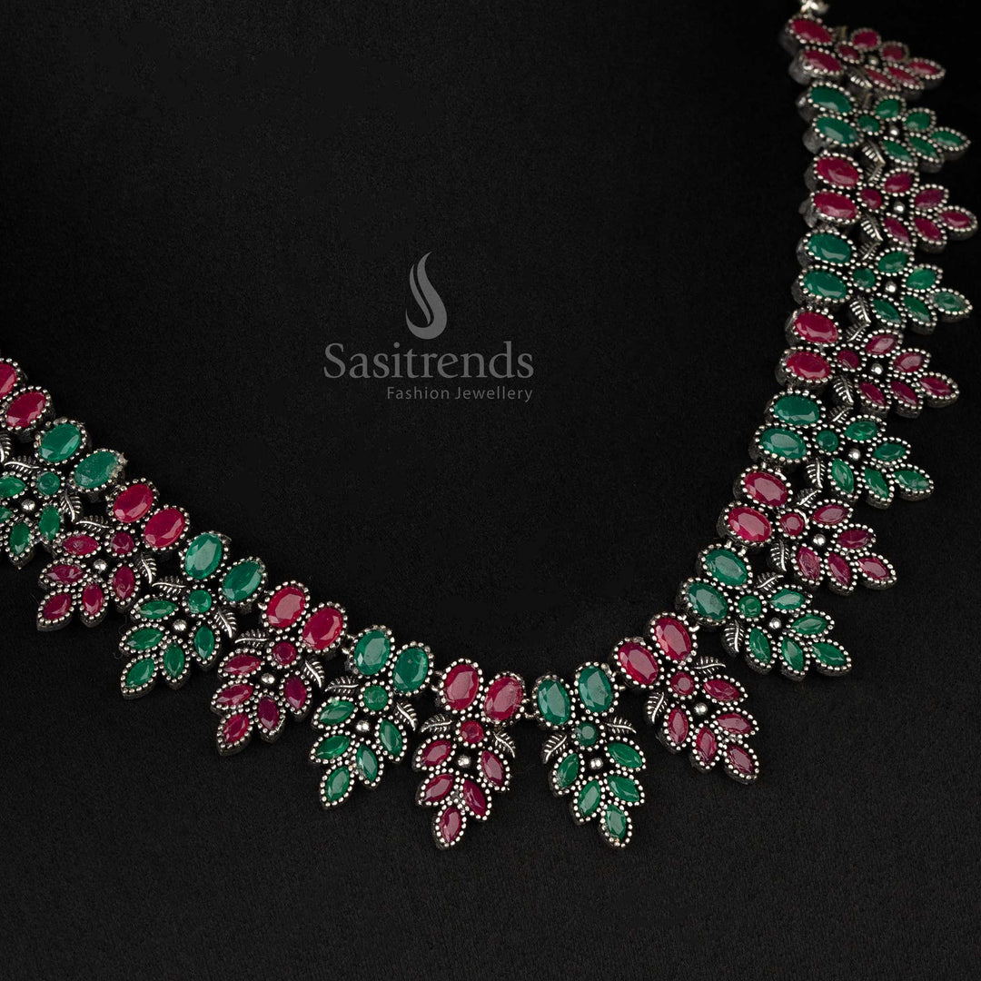 Oxidised Ruby Green Flower Necklace with Earrings – A Perfect Match for Ethnic Navarathri Outfits - sasitrends