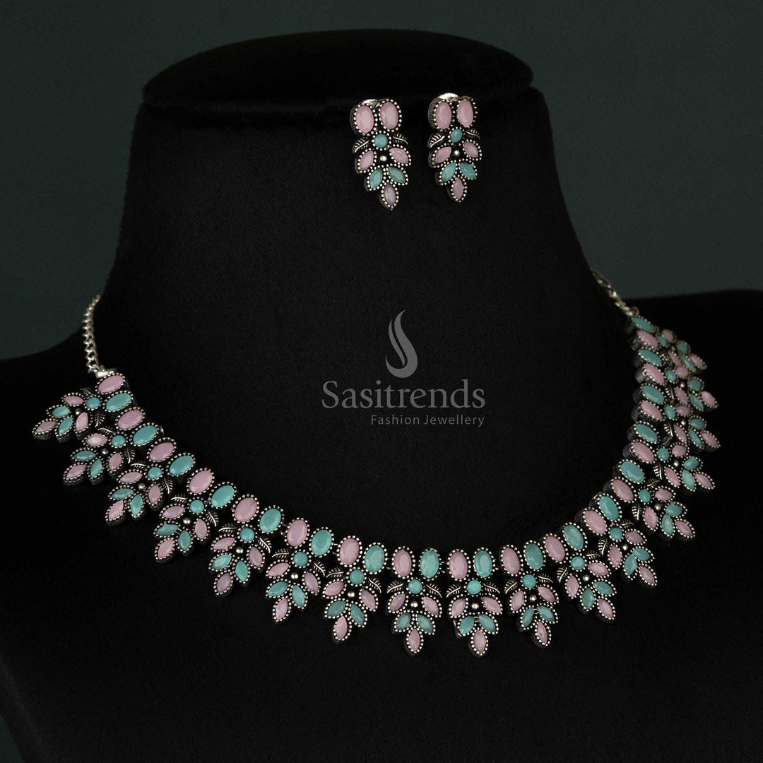 Oxidised Pink Mint Flower Necklace with Earrings – Stunning Jewelry for Navarathri Ethnic Wear - sasitrends