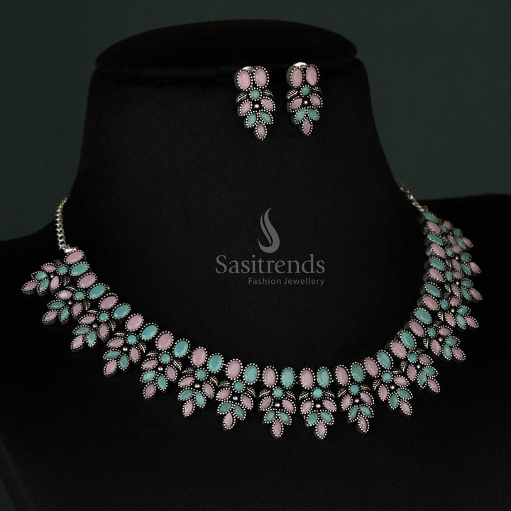 Oxidised Pink Mint Flower Necklace with Earrings – Stunning Jewelry for Navarathri Ethnic Wear - sasitrends