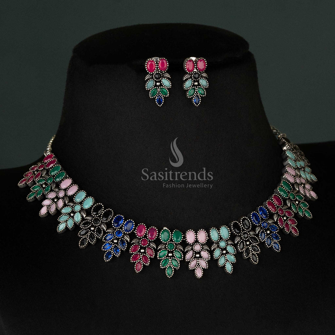 Vibrant Oxidised Multi-Flower Necklace and Earrings Set – Perfect Ethnic Wear for Festive Celebrations - sasitrends