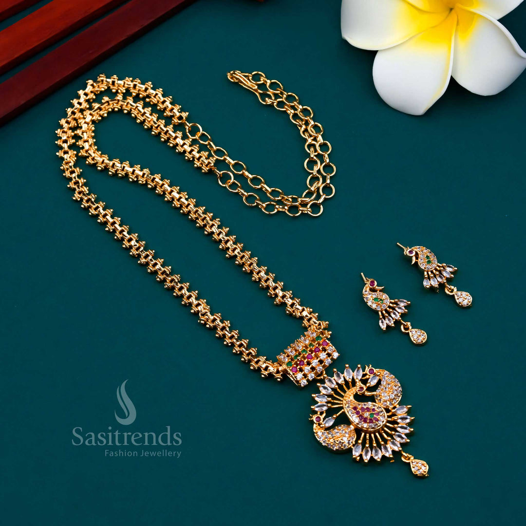 Multicolour stone peacock Gajiri jewellery set in micro gold plating with shimmering American diamond highlights, made for grand traditional wear and ethnic occasions – Sasitrends