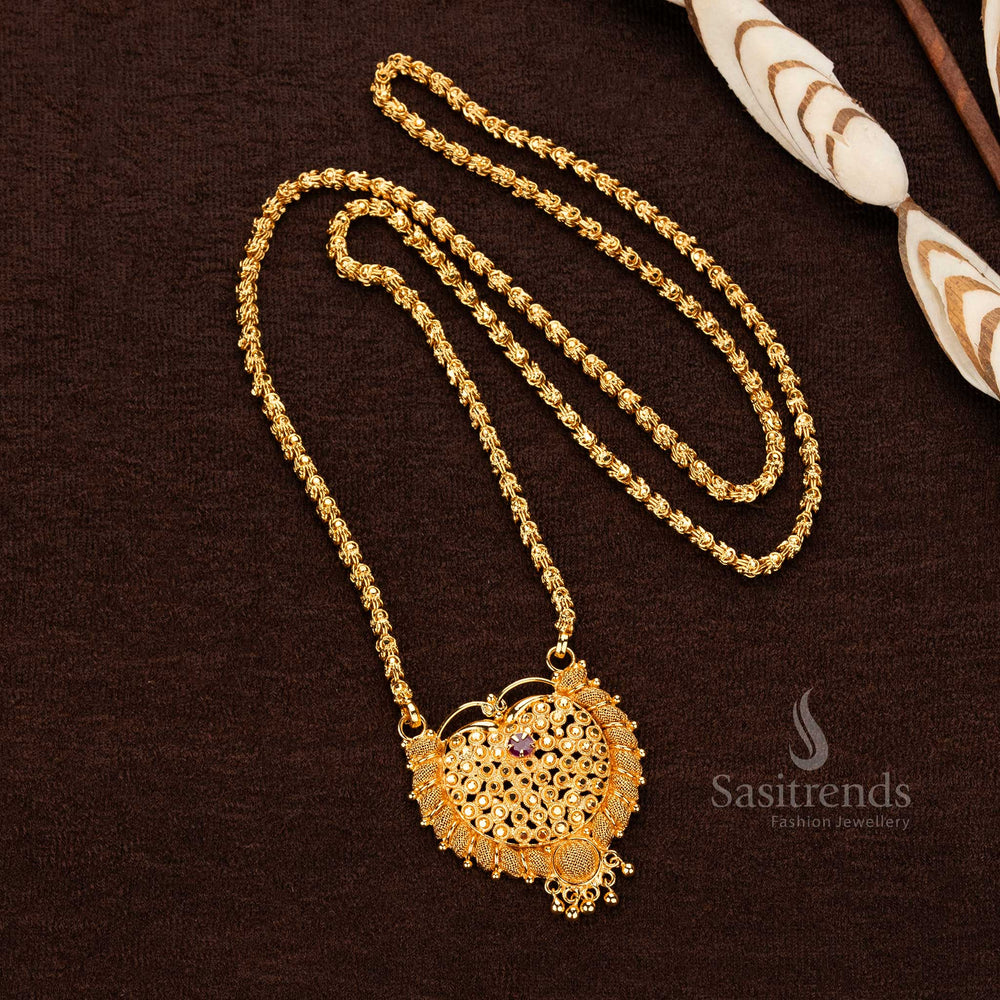 Leaf themed designer pendant with Dasavatharam details, gold plated -Sasitrends