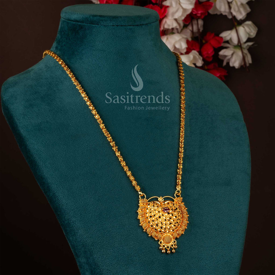 One gram micro gold plated Dasavatharam pendant chain necklace in ruby color, heart-shaped pendant with AD stone - Sasitrends