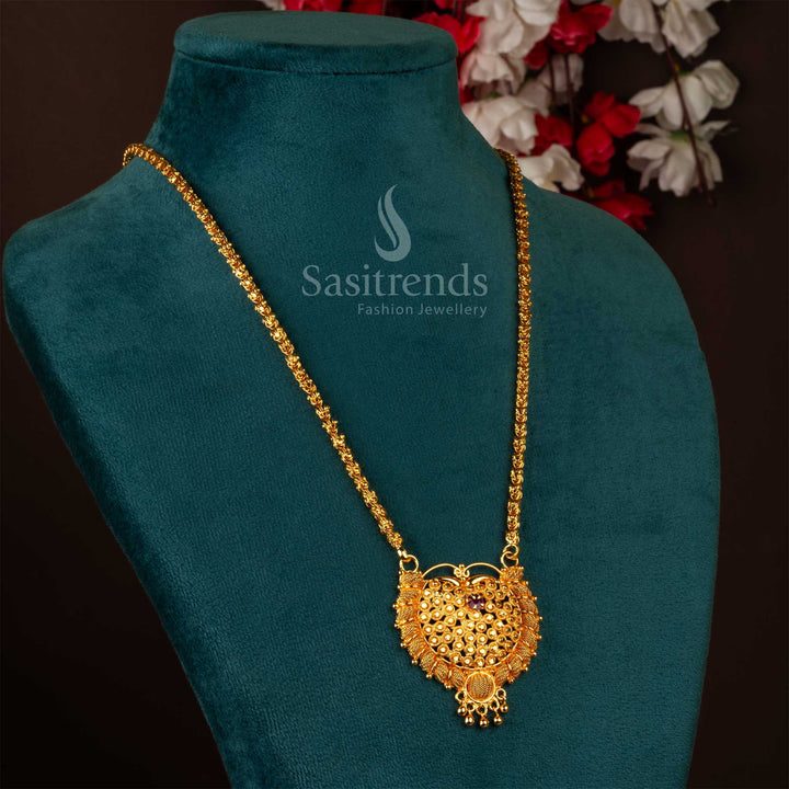 One gram micro gold plated Dasavatharam pendant chain necklace in ruby color, heart-shaped pendant with AD stone - Sasitrends