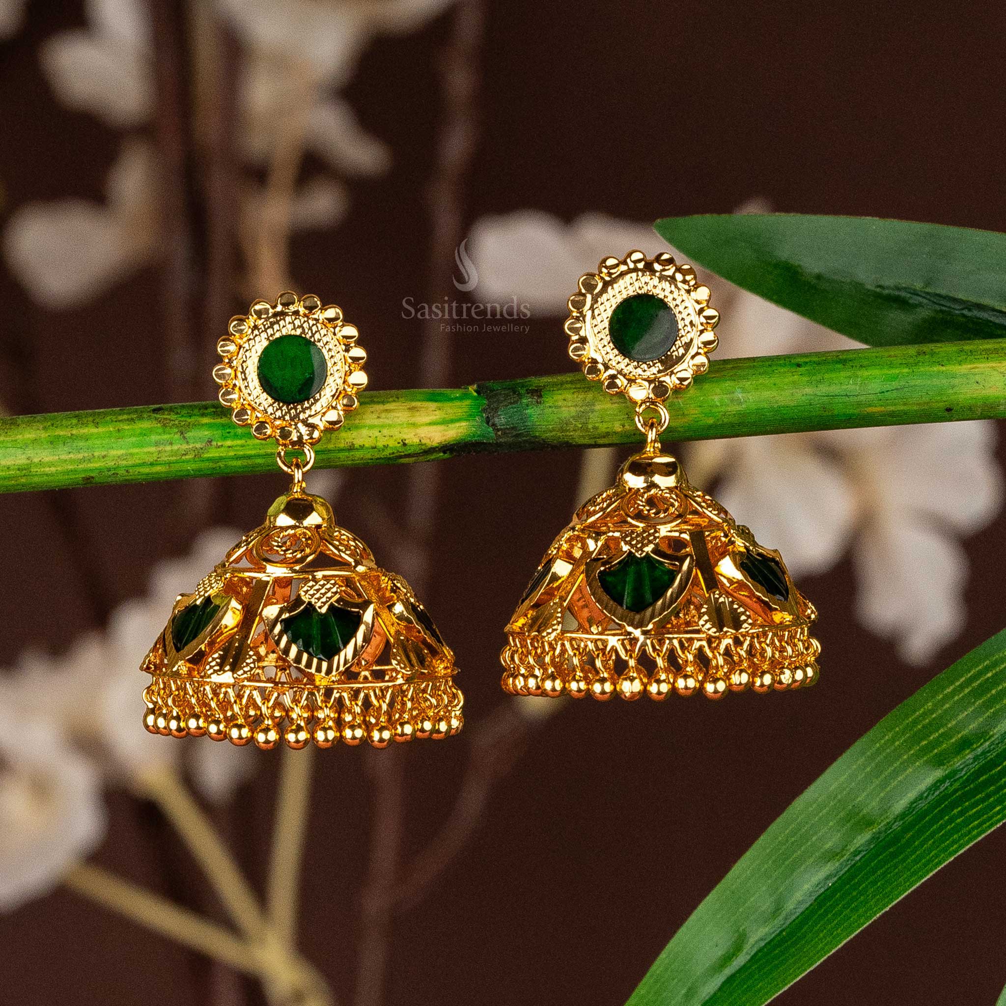Celebrate Micro Gold Plated Kerala Style with Katta Palakka Jhumka Earrings Perfect for Onam Festival