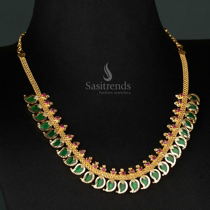 Gleaming Green Mango Necklace - Micro Gold Plated with Pink Stones, Perfect Kerala Jewellery for Modern Styles - Sasitrends