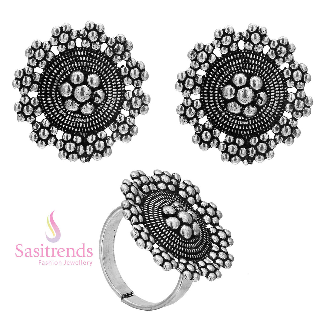 Intricate Spiral and Dot Embellishments on Oxidised Silver Tops and Ring Set 1652B