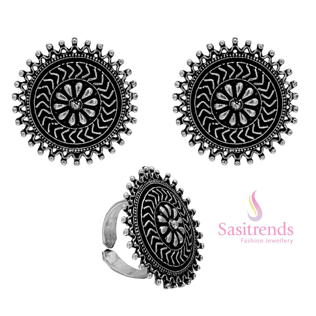 Oxidised Silver Stud Earrings and Ring with Floral Center and Radiating Patterns 1652D