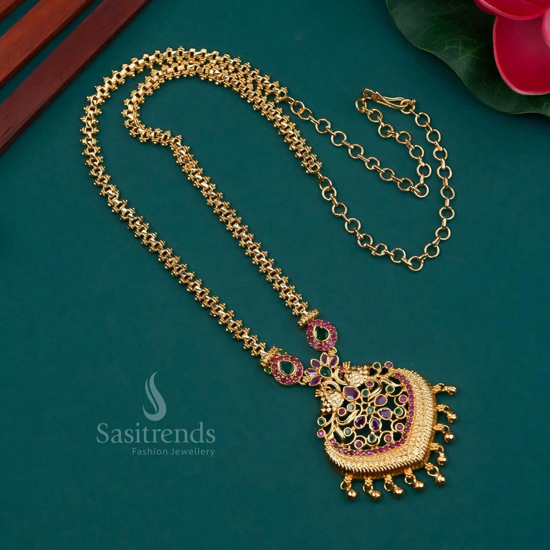 Traditional micro gold plated long necklace featuring a detailed peacock motif pendant and dazzling AD stones – perfect for saree styling and festive temple jewellery wear – Sasitrends