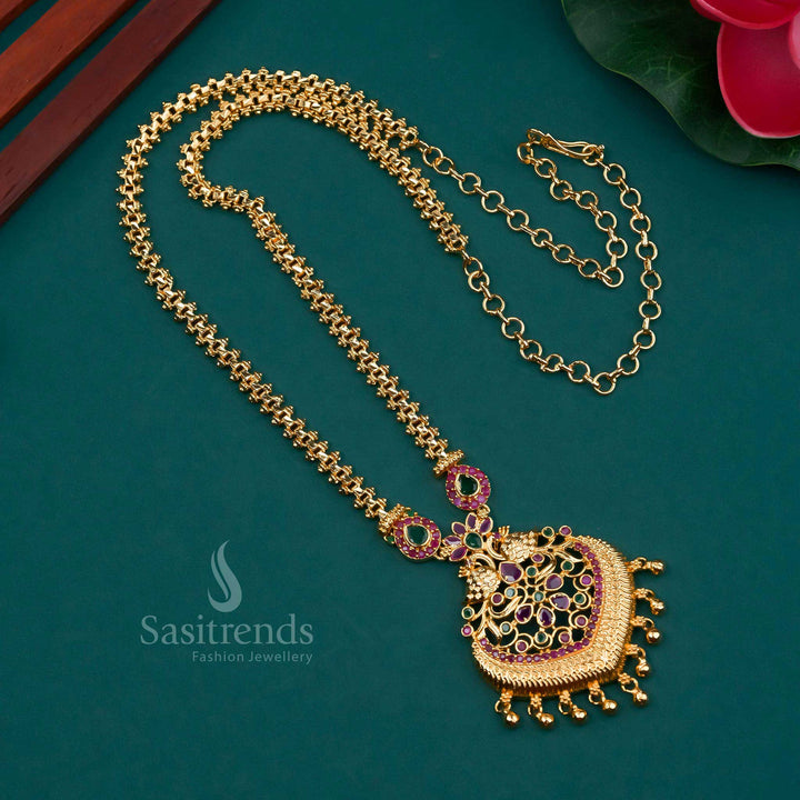 Traditional Micro Gold Plated Long Peacock Pendant Gajiri Necklace with American Diamond Stones | Sasitrends