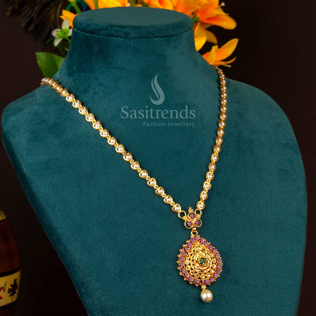 Traditional Guaranteed Micro Gold Plated Ruby Green AD Stone Pearl Necklace - Sasitrends