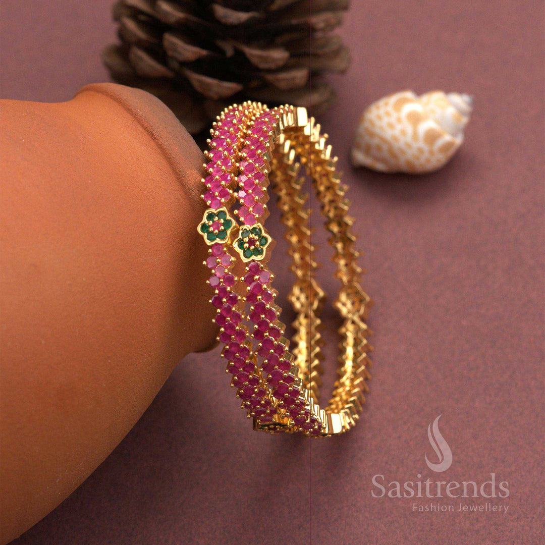 Royal traditional micro gold-plated ruby-green American diamond bangles, featuring floral ethnic motifs, a timeless women’s jewellery accessory - Sasitrends