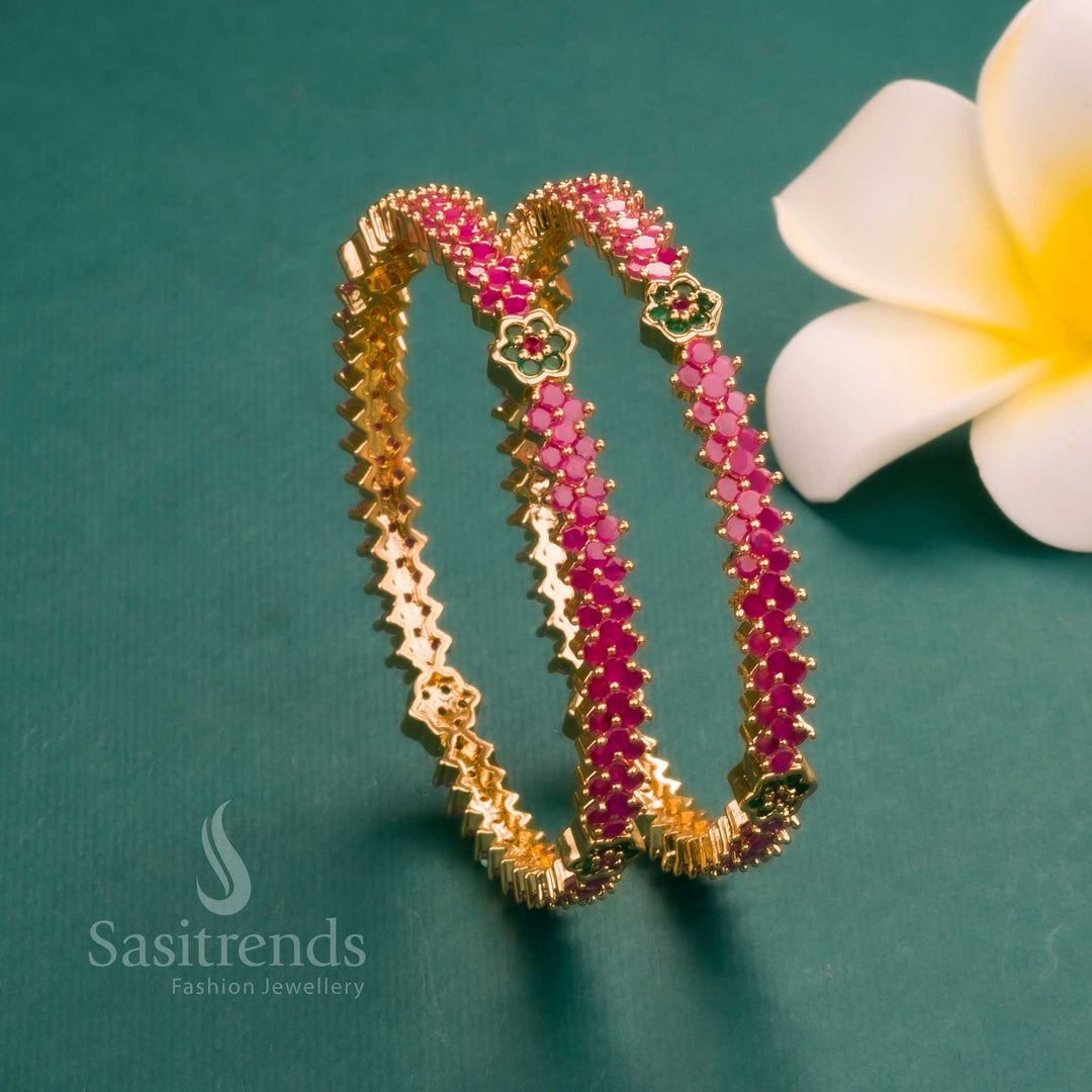Heritage-inspired ruby-green American diamond bangles, micro gold-polished with a classic traditional touch, an exquisite jewellery selection for women - Sasitrends