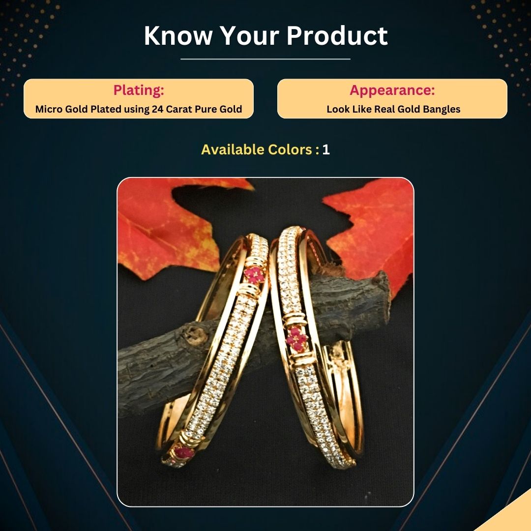 Micro Gold Plated Floral American Diamond Bangles Measurement Image - Sasitrends