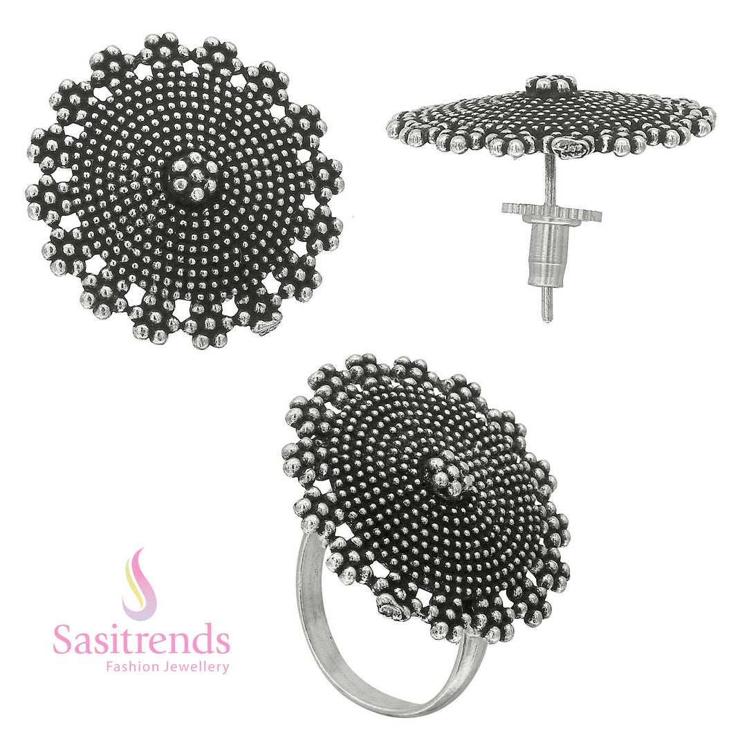 Elegant Oxidised Silver Combo Set with Dome Tops and Adjustable Ring