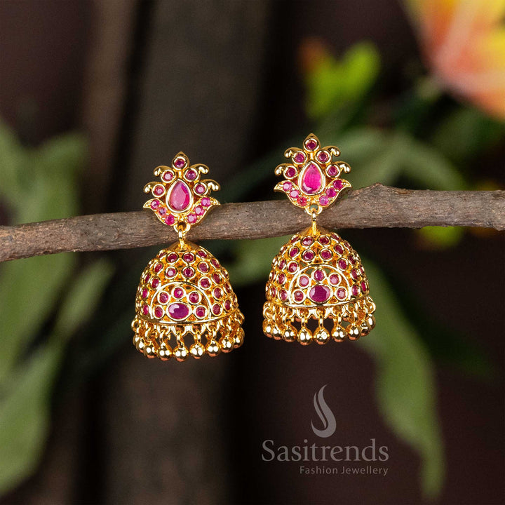 Fantastic micro gold plated ruby lotus design jhumka earrings with kemp stones and graceful pearl dangles, crafted for traditional saree-style celebration look – Sasitrends