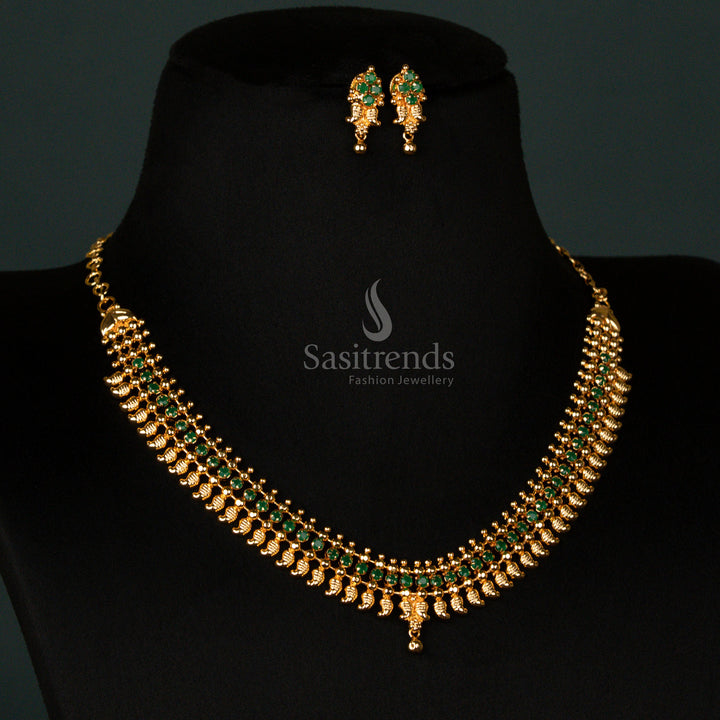 Opulent Ethnic Green Traditional Micro Gold-Plated Mango Motif Necklace Jewellery Set – Grand Bridal Wedding Festive Occasion Wear for Majestic Cultural Grace - Sasitrends