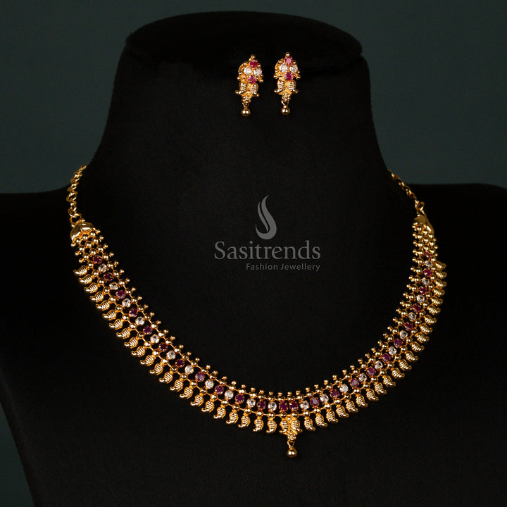 Divine White Ruby Traditional Micro Gold-Plated Mango Motif Necklace Jewellery Set – Timeless Traditional Bridal Festive Occasion Wear for Regal Beauty - Sasitrends