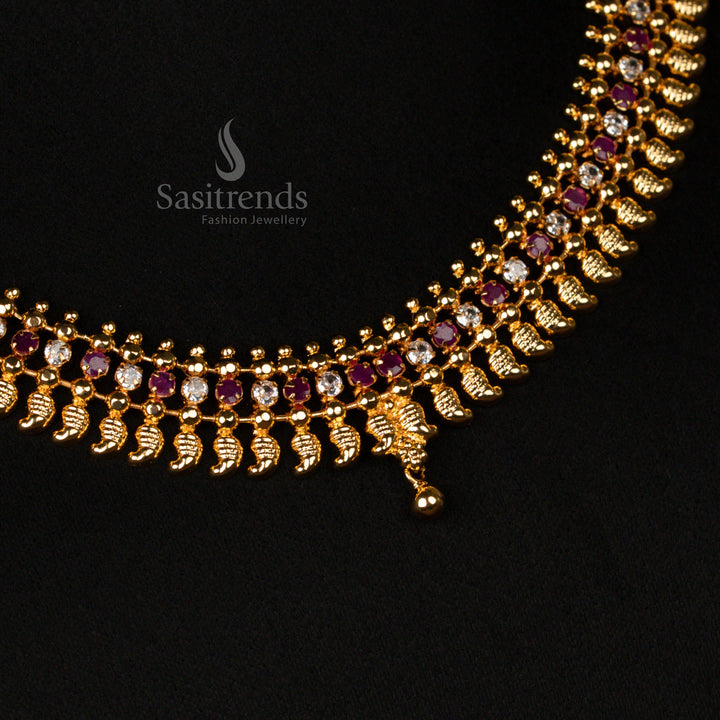Temple White Ruby Traditional Micro Gold-Plated Mango Motif Necklace Jewellery Set – Grand Cultural Bridal Festive Wear for Royal Ethnic Glam - Sasitrends