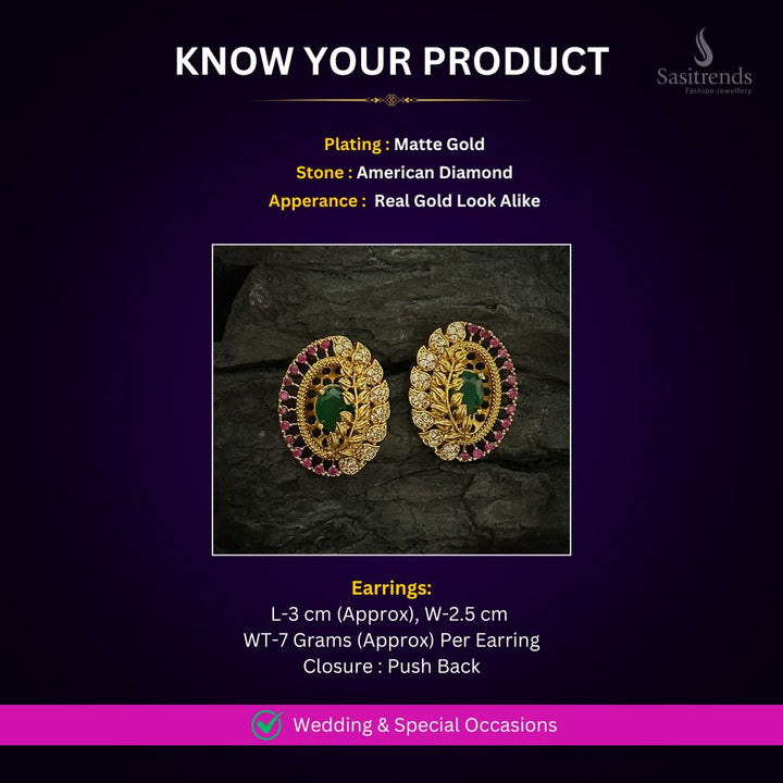 Matte Gold Plated AD Earrings Measurement Image - Sasitrends