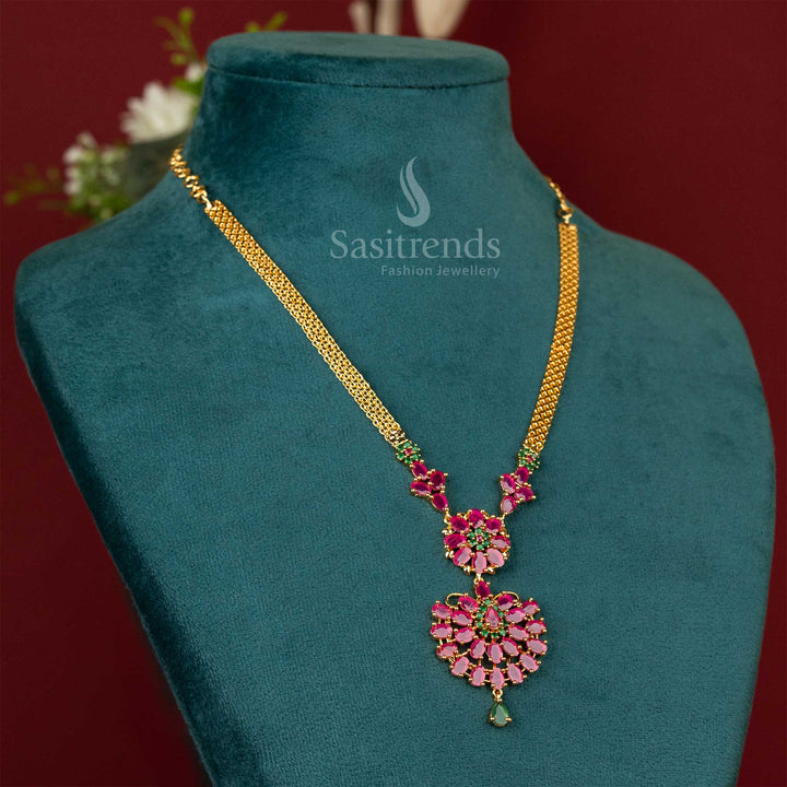 Vibrant ruby-green floral design necklace with micro gold polish and shimmering AD centrepiece – perfect for pooja events and South Indian festive jewellery – Sasitrends