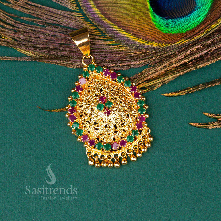 Adorn yourself with a grand ethnic micro gold-plated AD stone pendant, beautifully crafted with ruby-green stones - Sasitrends
