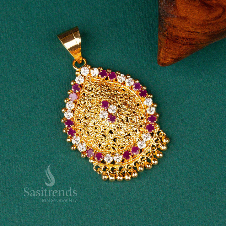 Discover an elegant and traditional micro gold-plated AD stone pendant, a stunning jewellery piece for special occasions, featuring an exclusive designer touch with sparkling white-ruby stones - Sasitrends